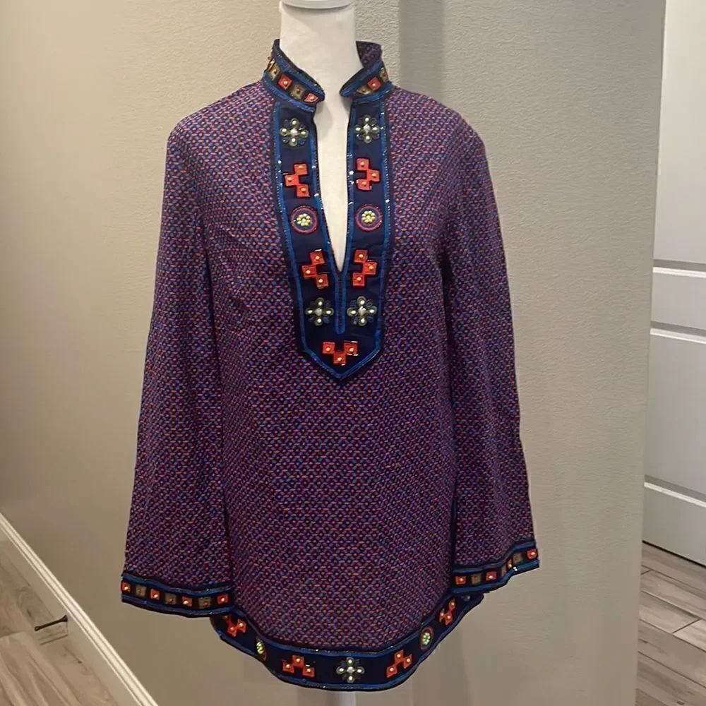 Tory Burch Embroidered Long Sleeve Tunic Blouse